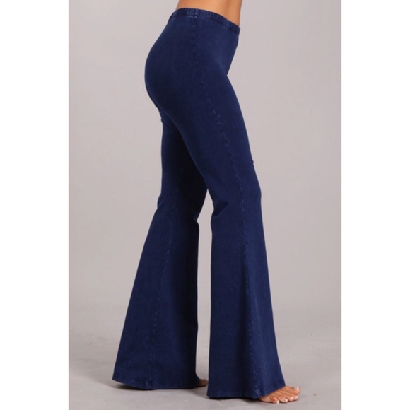 Galaxy Blue Boho Mineral Wash Stretch Flared Bell Bottom Casual Pants - Picture 4 of 6